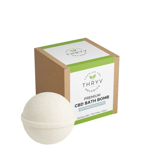 Premium CBD Bath Bomb with 200mg CBD for natural muscle relief and relaxation, shown with packaging from Thryv Organics in Dallas, Texas – Soothing Eucalyptus scent.