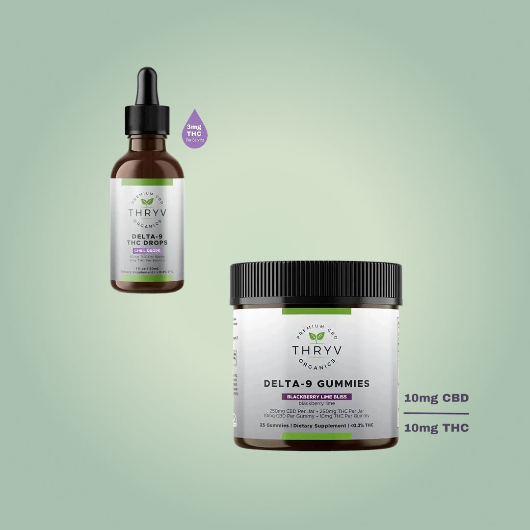 The THC Explorer Pack Thryv Organics THC Drops and THC Gummies Blackberry Lime Bliss 10mg 