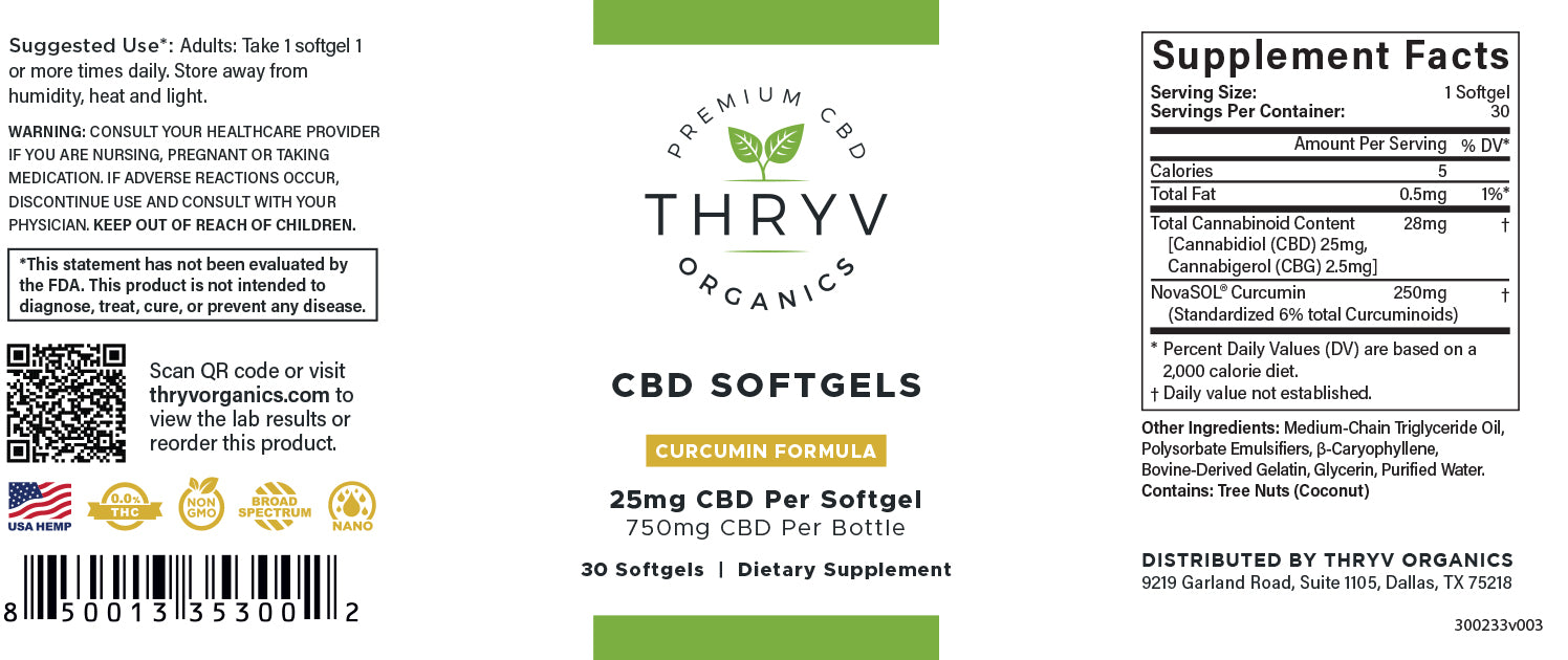 Broad Spectrum CBD Softgels with Curcumin Capsules Thryv Organics 