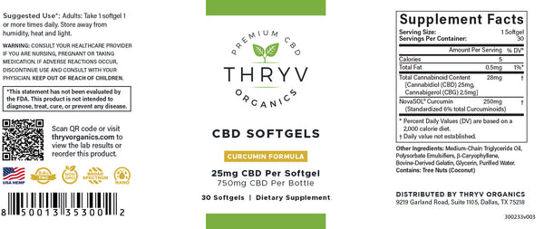 Broad Spectrum CBD Softgels with Curcumin Capsules Thryv Organics 