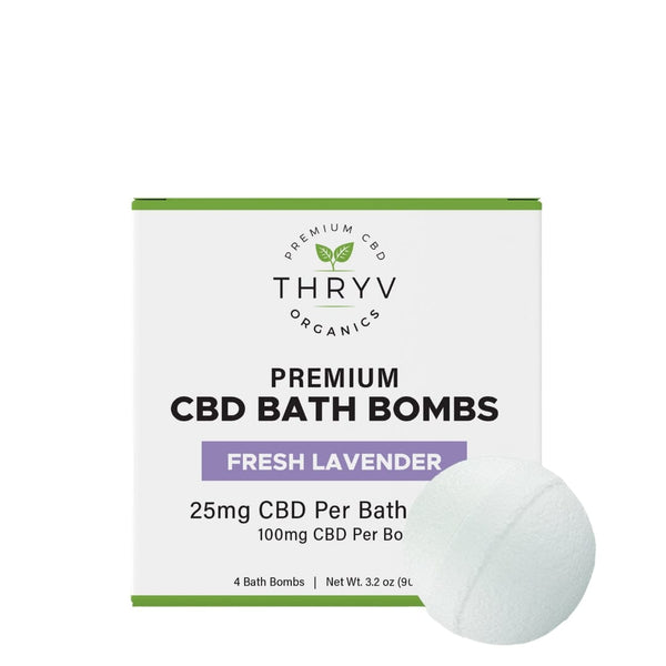 CBD Bath Bombs | Thryv Organics | Dallas, Tx | Front of Box with Bath Bomb